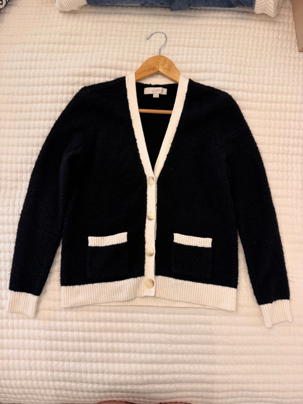 LOFT Black Cardigan with Cream Trim V-Neck Button Front